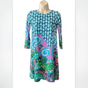 Lilly Pulitzer Ophelia Swing Dress XXS Ride the Wave Blue Multicolor 3/4 sleeve